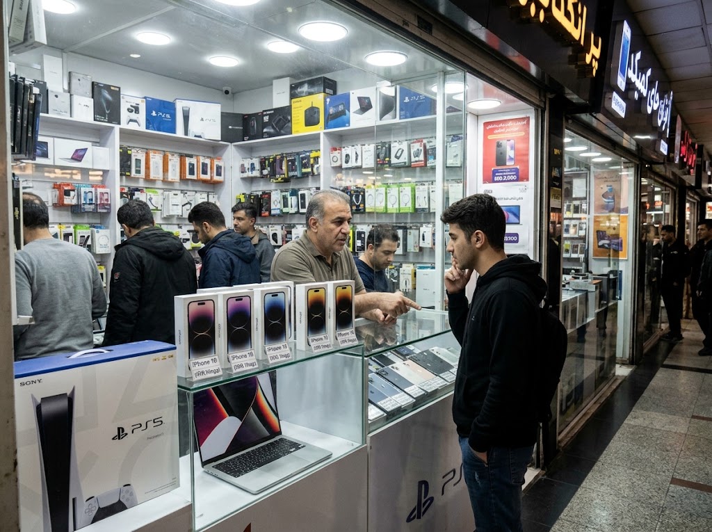 Suasana toko elektronik di Charsou Mall Teheran yang memajang jajaran ponsel pintar Apple terbaru di dalam etalase kaca.(poto: istimewa).