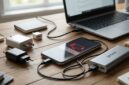 Ponsel yang sedang diisi daya dengan powerbank di atas meja kerja, dikelilingi kabel charger dan laptop.(poto: AI).
