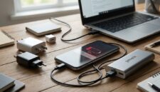 Ponsel yang sedang diisi daya dengan powerbank di atas meja kerja, dikelilingi kabel charger dan laptop.(poto: AI).