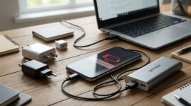 Ponsel yang sedang diisi daya dengan powerbank di atas meja kerja, dikelilingi kabel charger dan laptop.(poto: AI).