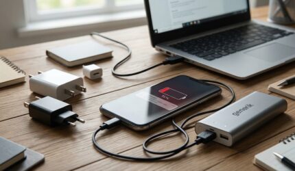 Ponsel pintar dengan indikator baterai lemah sedang diisi daya menggunakan powerbank dan kabel USB di samping laptop.