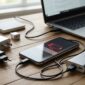 Ponsel yang sedang diisi daya dengan powerbank di atas meja kerja, dikelilingi kabel charger dan laptop.(poto: AI).