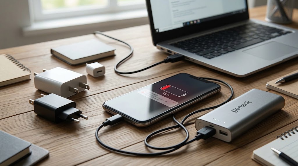 Ponsel yang sedang diisi daya dengan powerbank di atas meja kerja, dikelilingi kabel charger dan laptop.(poto: AI).