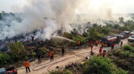 Ilustrasi: Satgas gabungan berjibaku memadamkan kebakaran hutan dan lahan gambut di tengah kepungan asap pekat di Sumatra.(poto: AI).