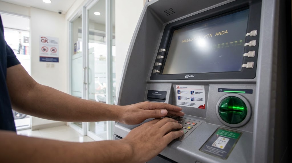 Kiat aman bertransaksi di ATM: Tutup rapat tombol PIN dengan tangan lain demi hindari bahaya kamera pengintai.(poto: AI).