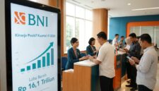 Aktivitas pelayanan nasabah di kantor BNI yang mencatatkan pertumbuhan laba bersih Rp16,1 triliun pada kuartal III 2026.(ilustrasi poto: AI).