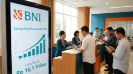 Aktivitas pelayanan nasabah di kantor BNI yang mencatatkan pertumbuhan laba bersih Rp16,1 triliun pada kuartal III 2026.(ilustrasi poto: AI).