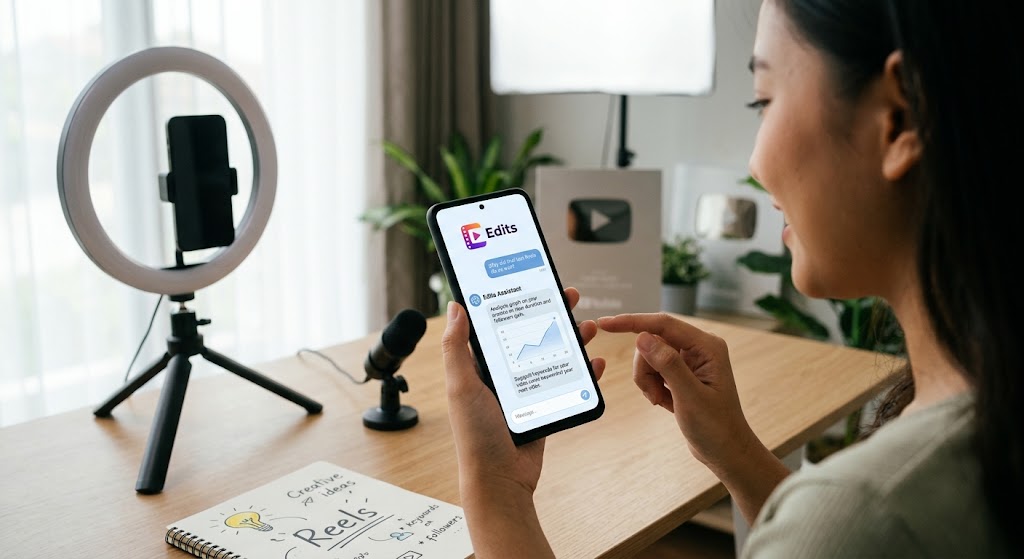 Asisten AI 'Edits Assistant' di Instagram Edits bantu kreator analisis performa konten Reels dan beri ide baru.(poto: AI).