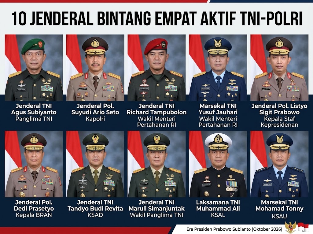 Daftar 10 perwira jenderal bintang empat aktif TNI-Polri pada era Presiden Prabowo per Oktober 2026.(ilustrasi poto: AI).