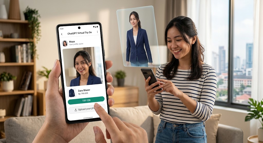 Fitur Virtual Try On di ChatGPT memudahkan pengguna mencoba pakaian secara virtual.(poto: AI).