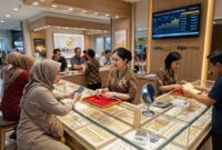 Ilustrasi Aktivitas jual beli dan cek harga emas perhiasan konsumen di gerai toko perhiasan modern pada Selasa, 20 Oktober 2026.(poto: AI).