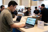 Ilustrasi: Pengunjung menjajal Googlebooks berbasis Intel saat pameran teknologi, di tengah isu kompatibilitas aplikasi Android.(poto: oegopost.id).