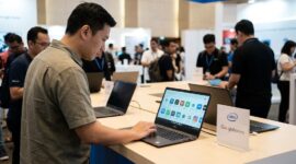Ilustrasi: Pengunjung menjajal Googlebooks berbasis Intel saat pameran teknologi, di tengah isu kompatibilitas aplikasi Android.(poto: oegopost.id).