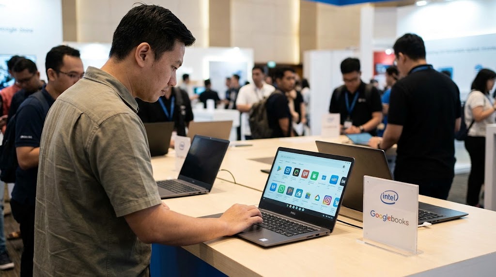 Ilustrasi: Pengunjung menjajal Googlebooks berbasis Intel saat pameran teknologi, di tengah isu kompatibilitas aplikasi Android.(poto: oegopost.id).