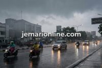 Ilustrasi: Suasana lalu lintas di salah satu kota saat diguyur hujan, di tengah prakiraan cuaca wilayah BMKG hari ini.( poto: jemarionline.com/AI).