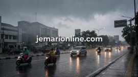 Ilustrasi: Suasana lalu lintas di salah satu kota saat diguyur hujan, di tengah prakiraan cuaca wilayah BMKG hari ini.( poto: jemarionline.com/AI).