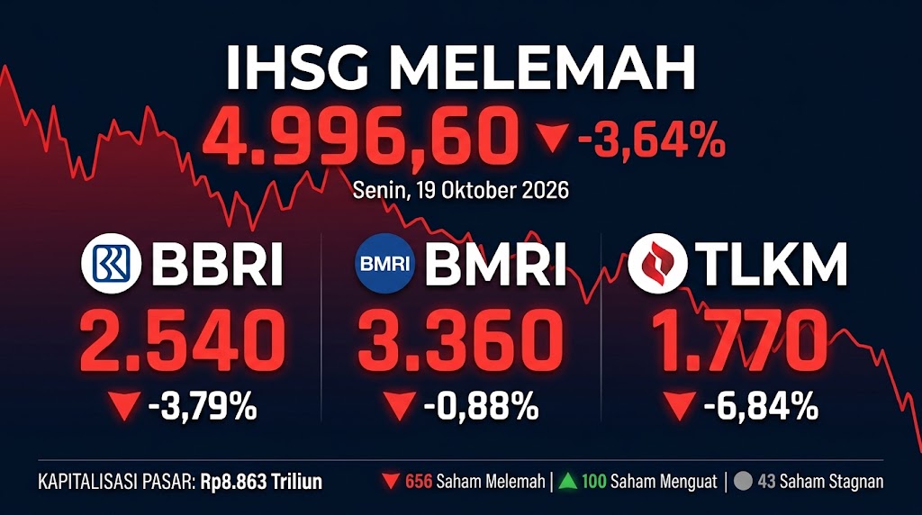 IHSG anjlok ke 4.996,60 pada penutupan Senin (19/10/2026), menyeret saham BBRI, BMRI, dan TLKM ke zona merah secara serempak.(poto: AI).